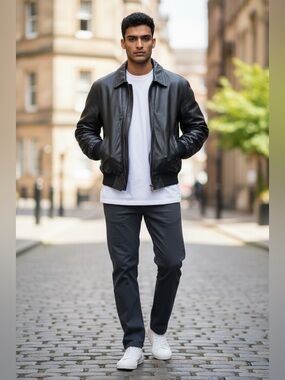 Wear Me Out Vintage Black Leather Bomber Jacket – Size 38